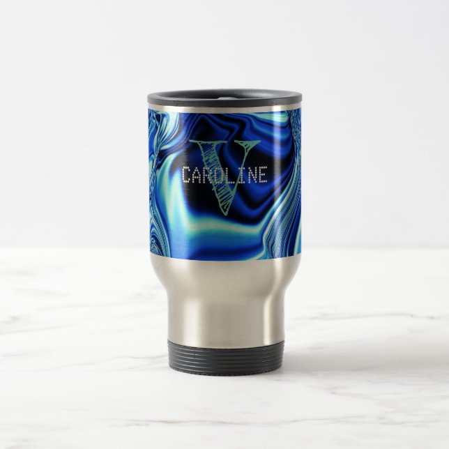 Caneca Térmica Padrão Cromo Azul Elegante Monograma (Centro)