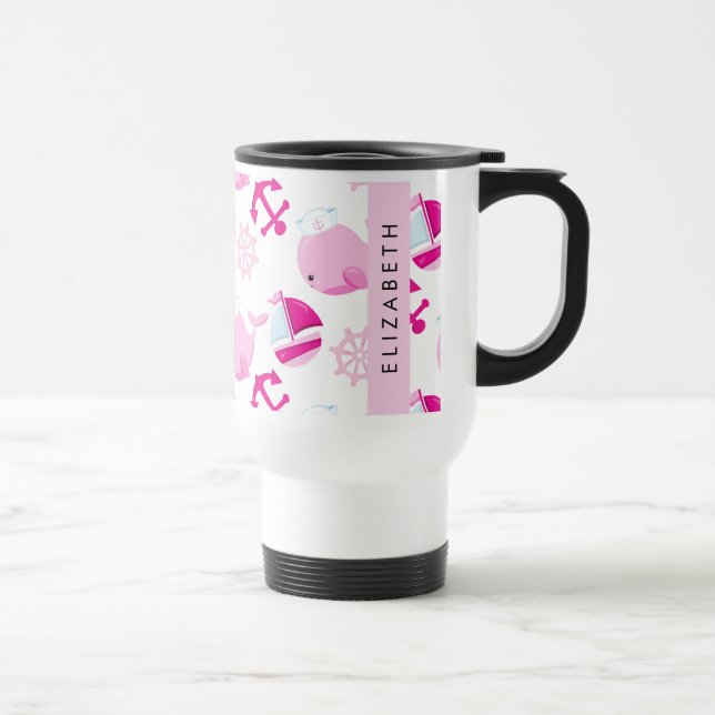 Caneca Térmica Padrão De Baleias, Baleias Rosa, Seu Nome (Direita)