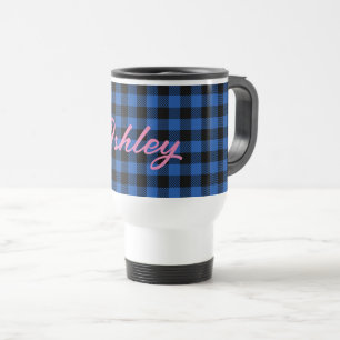 Caneca Térmica Padrão de Buffalo Checkered Azul Preto   Personali