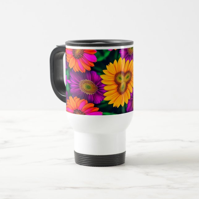 Caneca Térmica Padrão de Buquê de margarida colorida (Frente Esquerda)