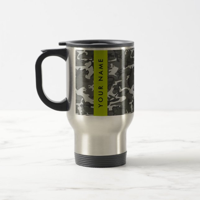 Caneca Térmica Padrão de Camuflagem Cinza, Seu nome, Personalizar (Esquerda)