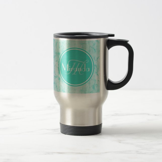 Caneca Térmica Padrão De Crackle Da Tendy Aqua Mint Com Monograma (Direita)