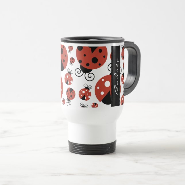 Caneca Térmica Padrão De Damybugs, Red Ladybugs, Seu Nome (Frente Esquerda)