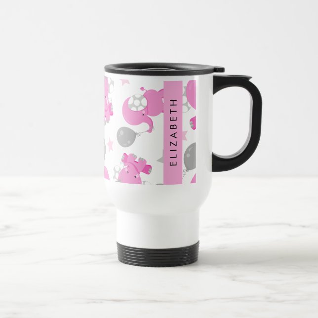 Caneca Térmica Padrão De Elefantes Rosa, Estrelas, Seu Nome (Direita)