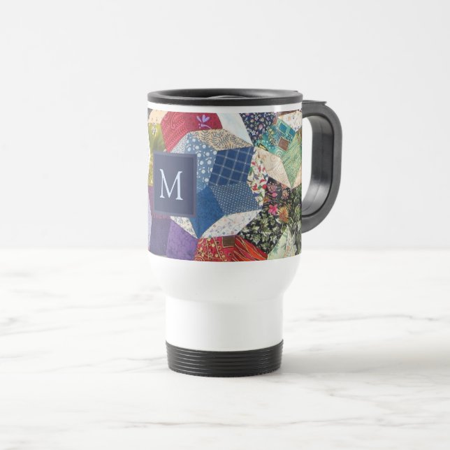 Caneca Térmica Padrão de Estrelas de Patchwork de Decoupage Monog (Frente Esquerda)
