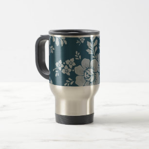 Caneca Térmica Padrão de Flor Azul Vintage Elegante