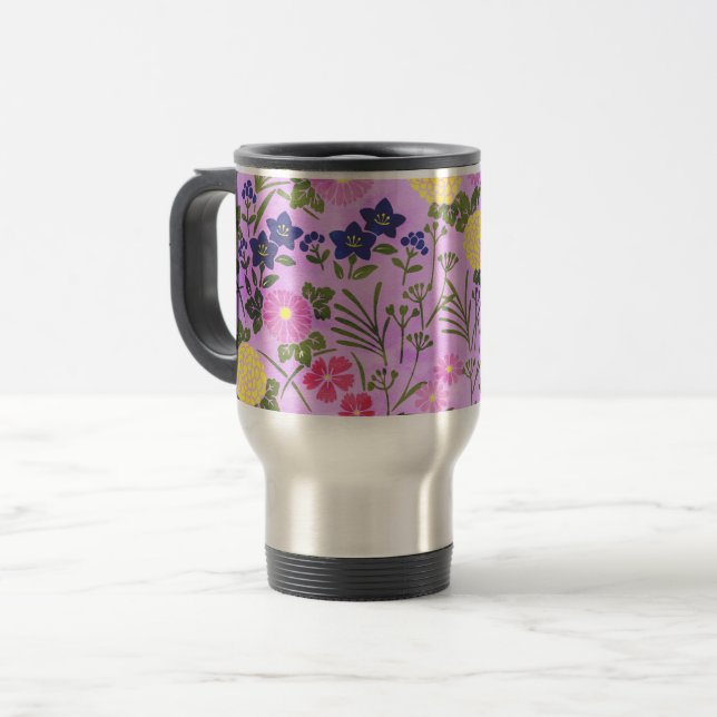 Caneca Térmica Padrão de Flor Vintage Roxa (Frente Esquerda)