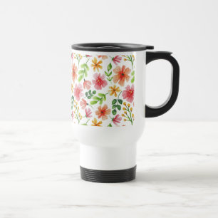 Caneca Térmica Padrão de Flores Rosa em Aquarela