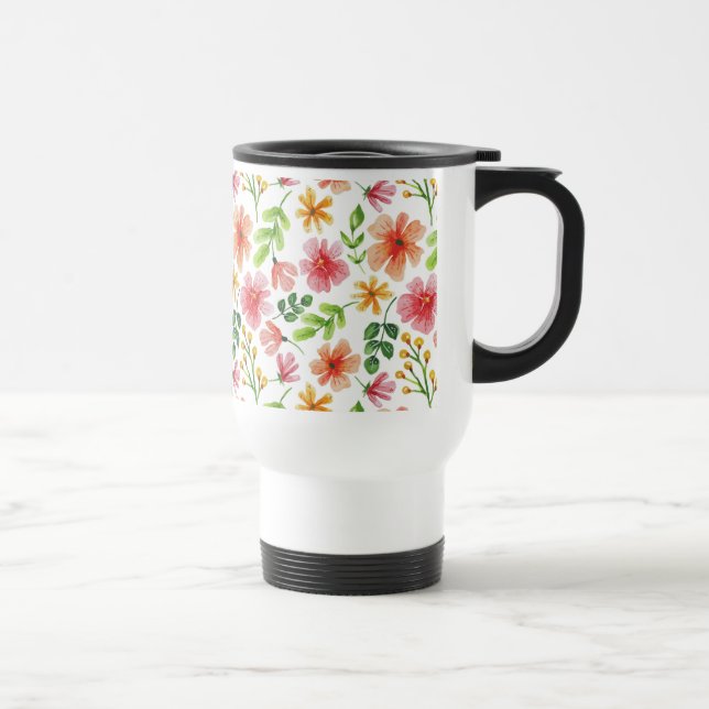Caneca Térmica Padrão de Flores Rosa em Aquarela (Direita)