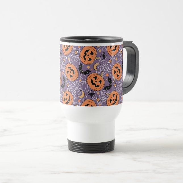 Caneca Térmica Padrão de Halloween do Jack-O-Lanterna Roxo (Frente Esquerda)