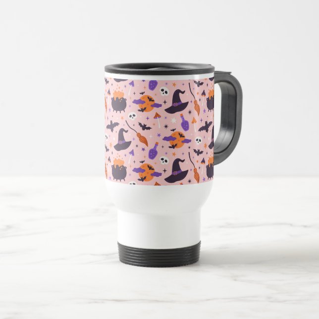 Caneca Térmica Padrão de Halloween Púrpura e rosa-claro (Frente Esquerda)