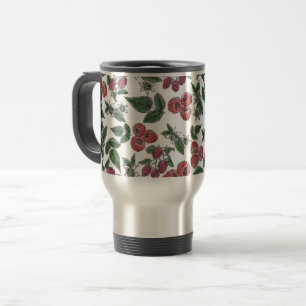 Caneca Térmica Padrão de Ilustração de Folhas de Fruta de Framboe