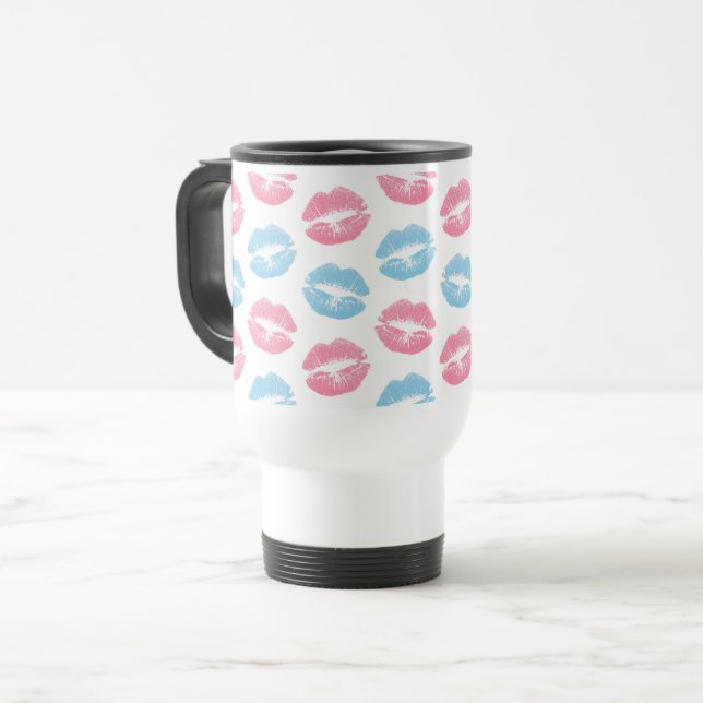 Caneca Térmica Padrão de Lábios Azul e Rosa, Batom, Beijo (Frente Esquerda)