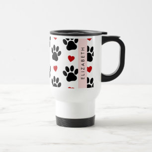 Caneca Térmica Padrão De Patas, Patas Negras, Corações Vermelhos,