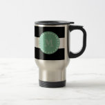 Caneca Térmica Padrão de Stripes Negras, Monograma Verde Mint<br><div class="desc">Um padrão de listras preto, preto e branco preto com sua fonte inicial em uma fonte moderna, em um rótulo de círculo verde da casa, banner, quadro com uma borda de linha branca pontilhada. GraphicsByMimi © Trendy, na moda, moderno, padrão de linhas que você pode personalizar com seu monograma para...</div>