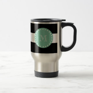 Caneca Térmica Padrão de Stripes Negras, Monograma Verde Mint