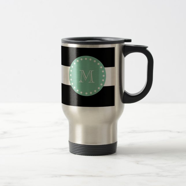 Caneca Térmica Padrão de Stripes Negras, Monograma Verde Mint (Direita)