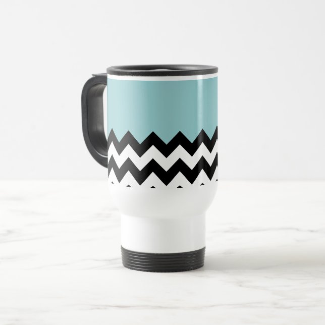 Caneca Térmica Padrão de ziguezague preto e branco, Chevron, azul (Frente Esquerda)