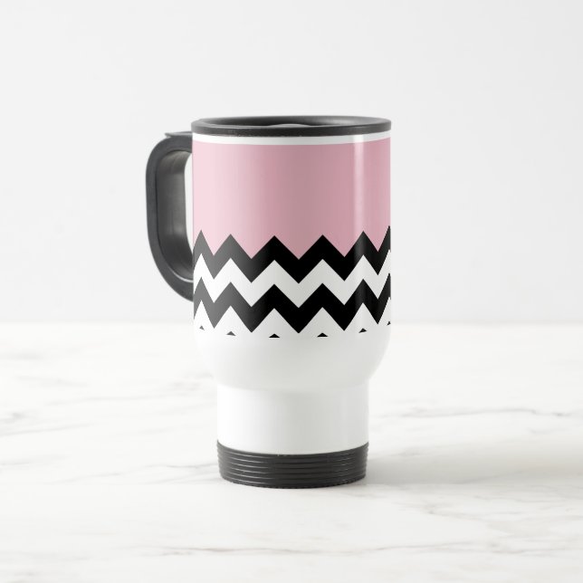 Caneca Térmica Padrão de ziguezague preto e branco, Chevron, rosa (Frente Esquerda)