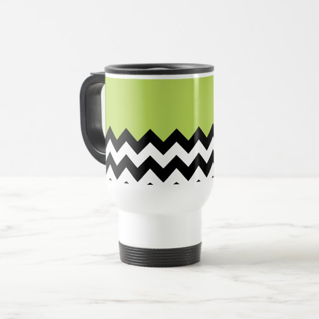Caneca Térmica Padrão de ziguezague preto e branco, Chevron, verd (Frente Esquerda)