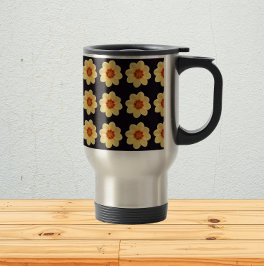 Caneca Térmica Padrão Floral Amarelo Dahlia em Preto