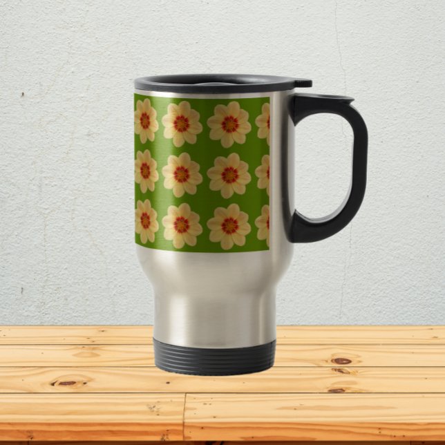 Caneca Térmica Padrão Floral Amarelo Dahlia em Verde (In Situ)