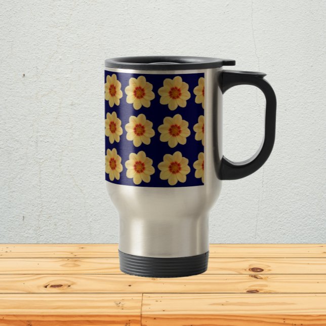 Caneca Térmica Padrão Floral Amarelo Dahlia no Azul (In Situ)