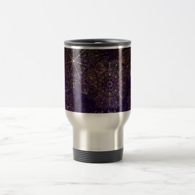 Caneca Térmica Padrão Floral de Mandala Elegante Dourado e Roxo (Centro)