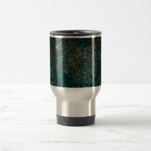 Caneca Térmica Padrão Floral Verde Elegante, Dourado e Teal