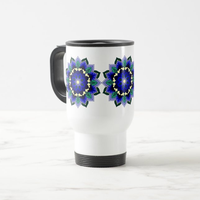 Caneca Térmica Padrão Mandala 02 em azul escuro (Frente Esquerda)