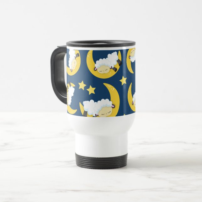 Caneca Térmica Padrão Ovino, Ovelhas Dormindo, Lua, Estrelas (Frente Esquerda)