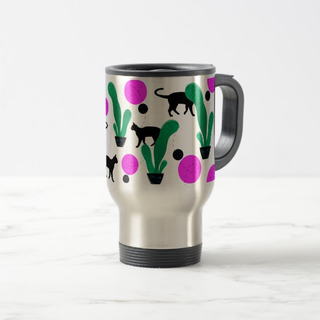 Caneca Térmica Padrão Trendy Black Cat e Cactus (Frente Esquerda)