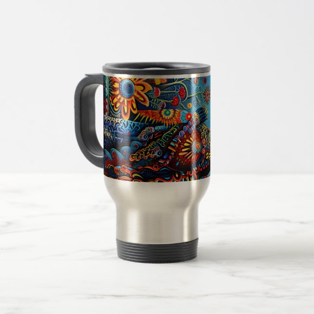 Caneca Térmica Padrão Tribal de Huichol, Abstrato, vibrante (Frente Esquerda)