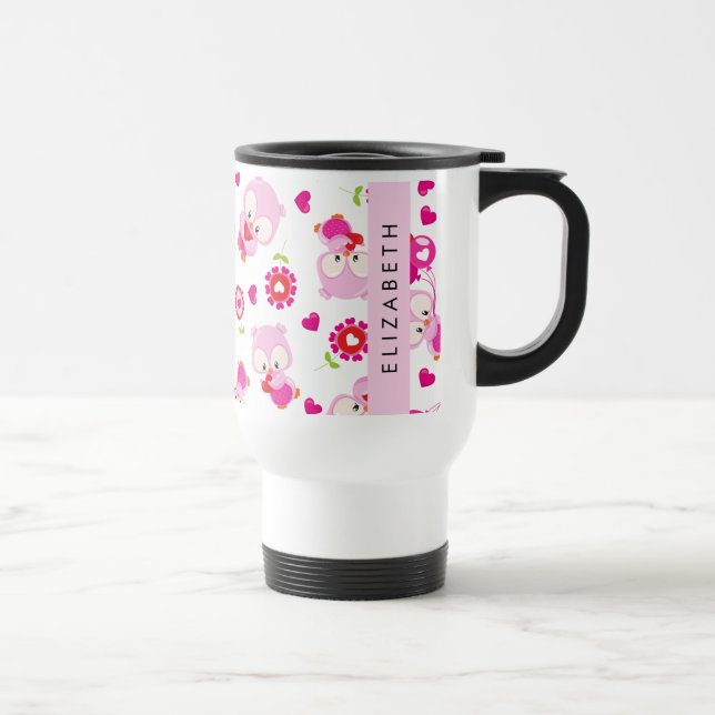 Caneca Térmica Padrões De Corujas, Corujas Bonitas, Corujas Rosa, (Direita)