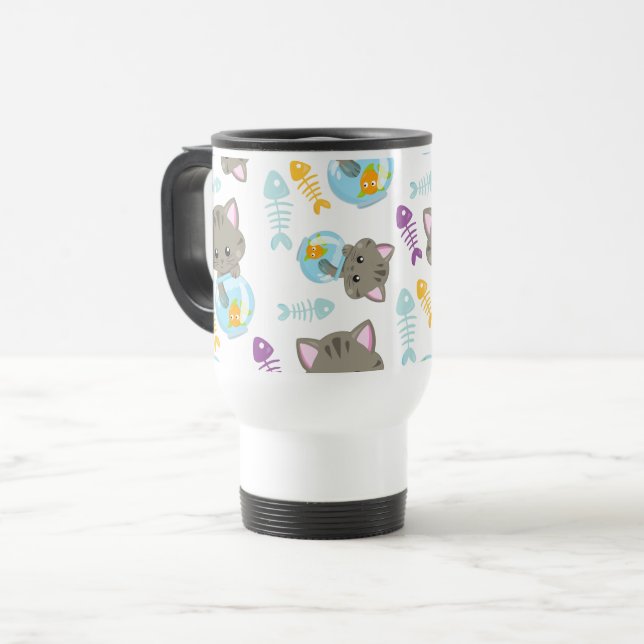 Caneca Térmica Padrões De Gatos, Gatos Cutes, Gatinhos, Peixes (Frente Esquerda)
