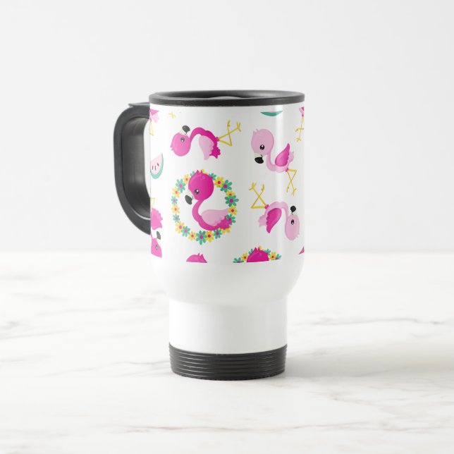Caneca Térmica Padrões Tropicais, Flamingos, Melancias, Flores (Frente Esquerda)