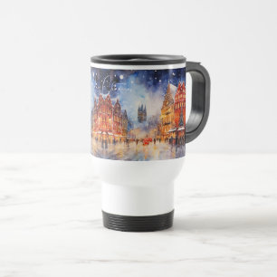 Caneca Térmica Paisagem urbana europeia de inverno em aquarela Na