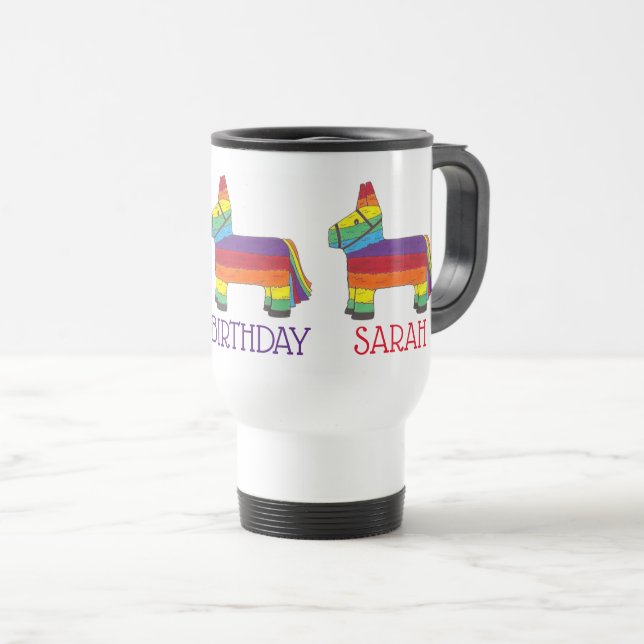 Caneca Térmica Parabéns Personalizado Rainbow Donkey Piñata (Frente Esquerda)