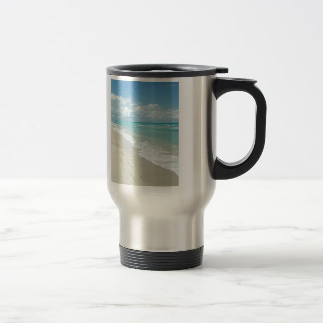 Caneca Térmica Pegadas em White Sandy Beach, Scenic Aqua Blue (Direita)