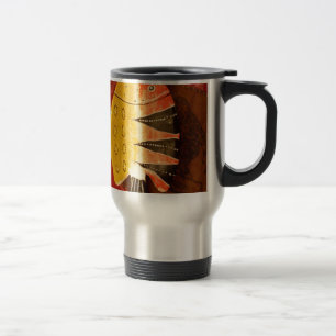 Caneca Térmica peixes chatos, amarelos e vermelhos, com listras n