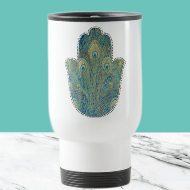 Caneca Térmica Pena de Pavão Hamsa Judaica Boho (Criador carregado)