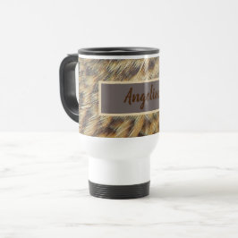Caneca Térmica Penas de aves Douradas castanhas com padrões anima