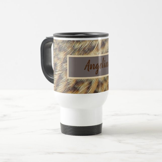 Caneca Térmica Penas de aves Douradas castanhas com padrões anima (Frente Esquerda)