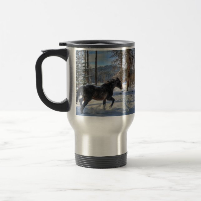 Caneca Térmica Percheron Negro em neve e floresta de inverno (Esquerda)
