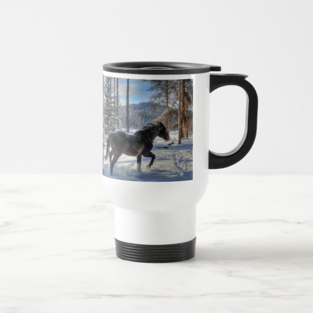 Caneca Térmica Percheron Negro em neve e floresta de inverno (Direita)