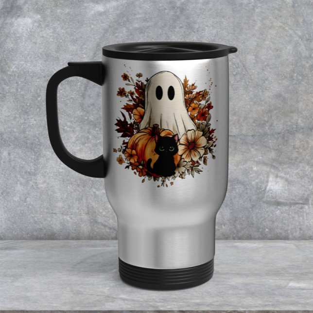 Caneca Térmica Personalized Cute Ghost and Black Cat Autumn Mug (Criador carregado)