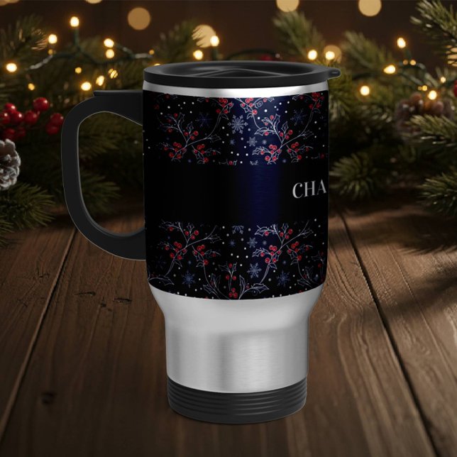 Caneca Térmica Personalized Holly Berry and Snowflakes Christmas  (Criador carregado)