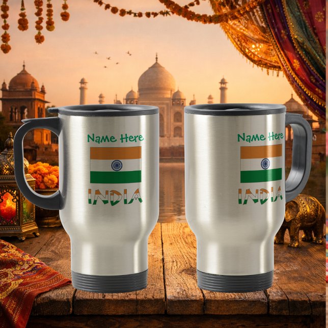 Caneca Térmica Personalized India Flag (Personalized travel mug with Indian flag, INDIA in flag colors and place for name above. Both sides.)