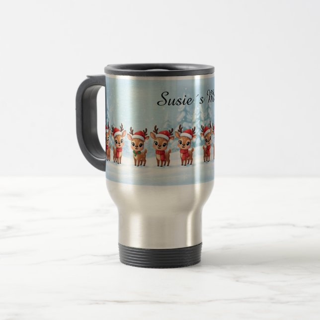Caneca Térmica Personalized Reindeer Travel Mug, Custom Name, Chr (Frente Esquerda)