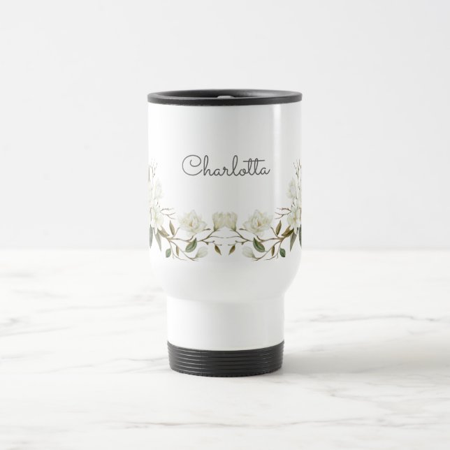 Caneca Térmica Personalized White Floral Mug, Elegant Custom Name (Centro)